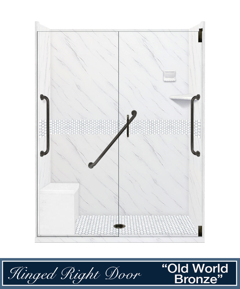 Freedom 60" Alcove Carrara Medici Marble & Pearl Hex Mosaic Accent Shower Remodel Kit