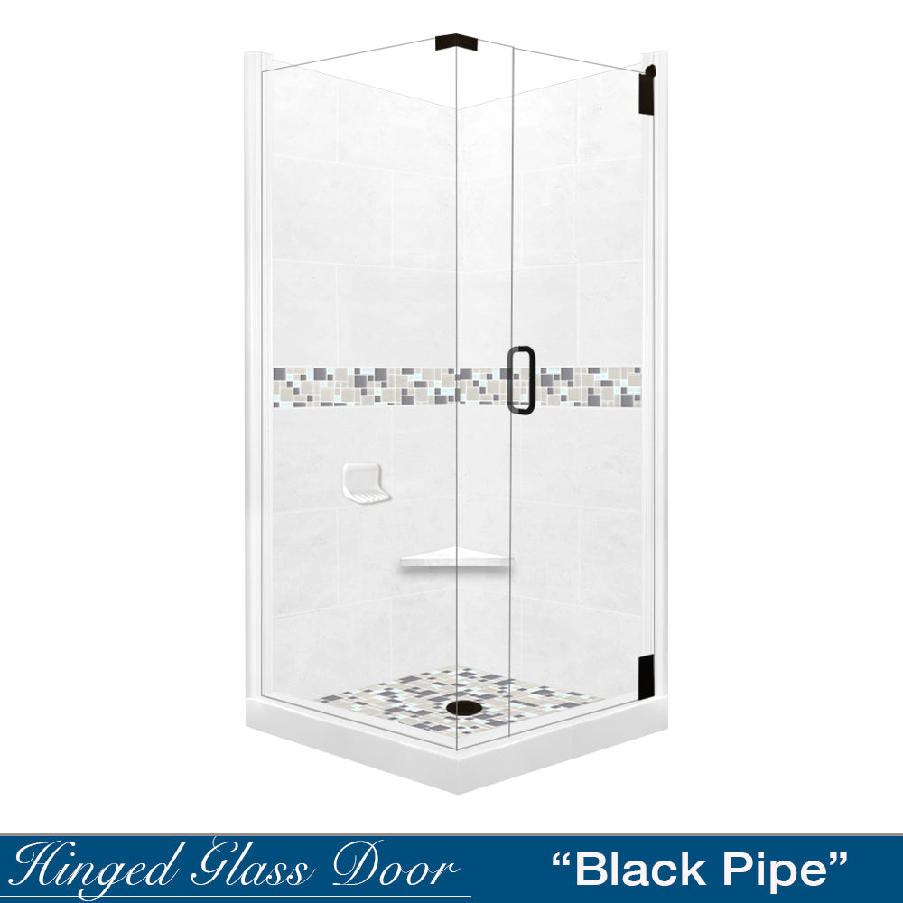 Corner Natural Buff Sistine Stone & Newport Mosaic Accent Shower Remodel Kit