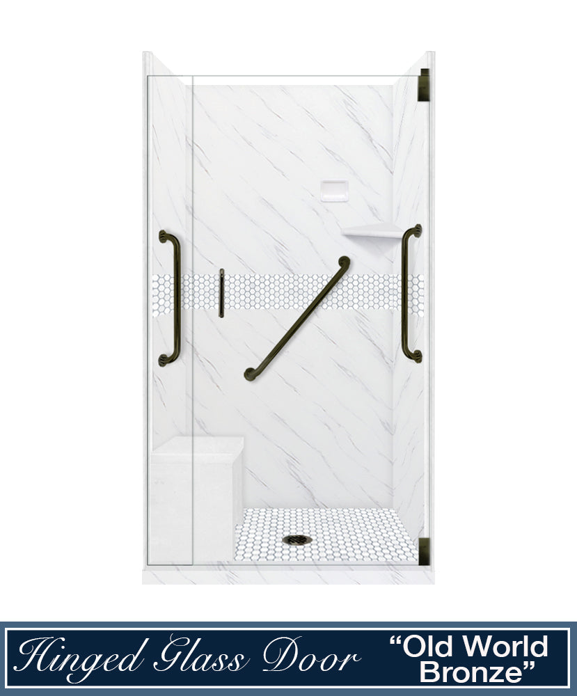 Freedom 60" Alcove Carrara Medici Marble & Pearl Hex Mosaic Accent Shower Remodel Kit