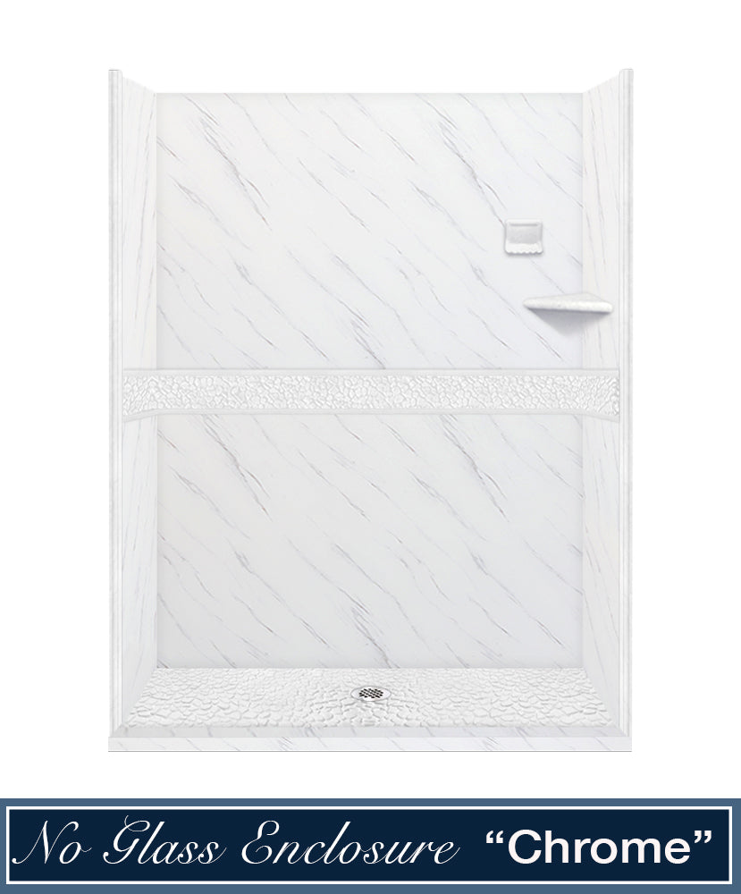 60" Alcove Carrara Medici Marble & pebble Stone Accent Shower Remodel Kit