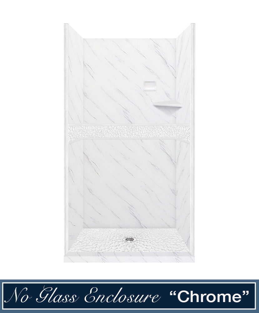 60" Alcove Carrara Medici Marble & pebble Stone Accent Shower Remodel Kit