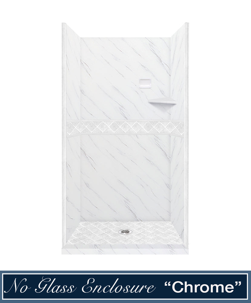 60" Alcove Carrara Medici Marble & Diamond Stone Accent Shower Remodel Kit