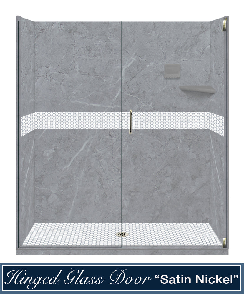 60" Alcove Grio Medici Marble & Pearl Hex Mosaic Accent Shower Remodel Kit