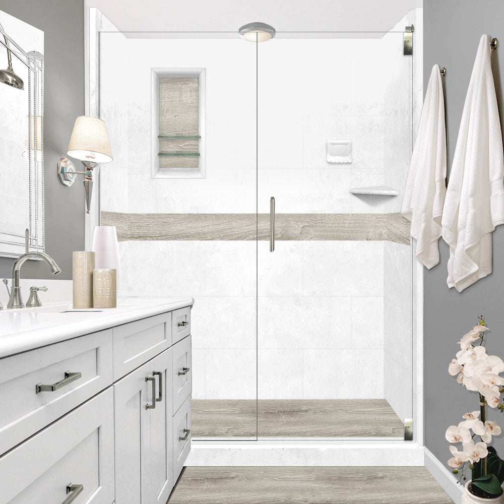 60" Alcove Natural Buff Sistine Stone & Sterling Oak Wood Accent Shower Remodel Kit
