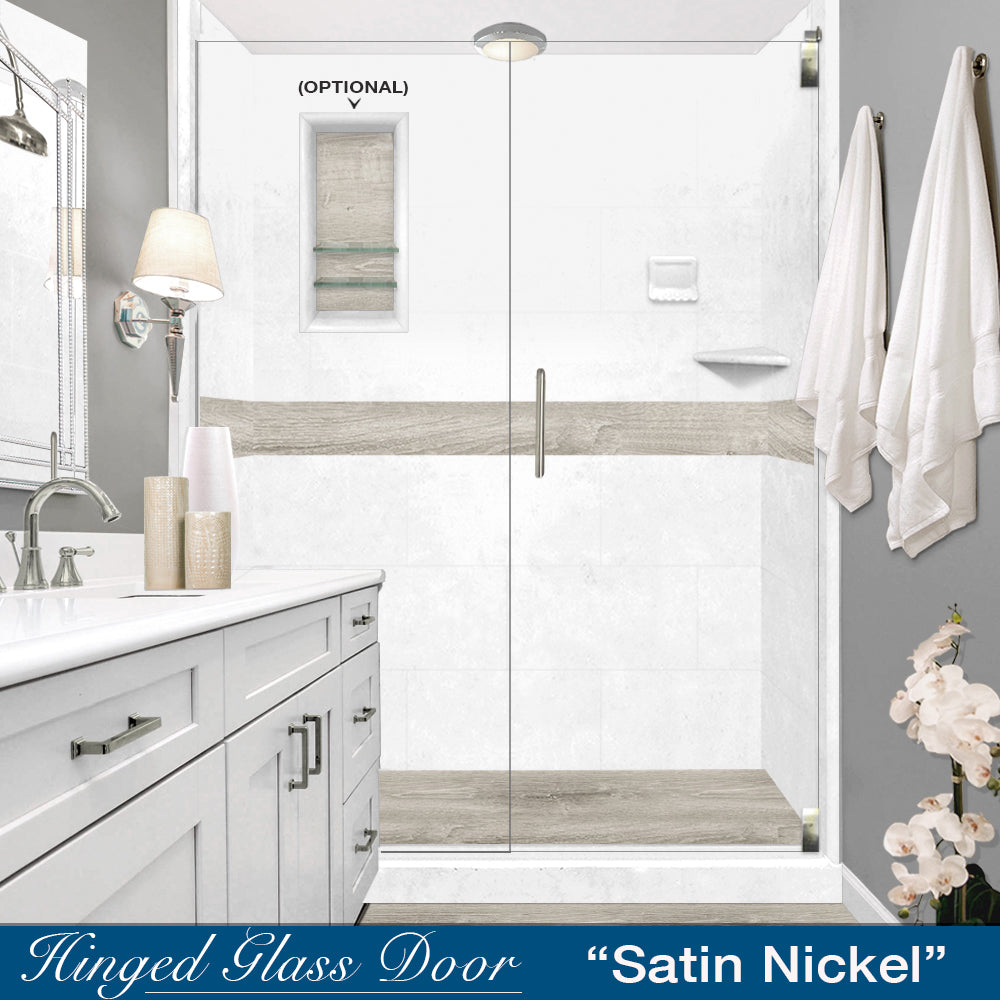 60" Alcove Natural Buff Sistine Stone & Sterling Oak Wood Accent Shower Remodel Kit