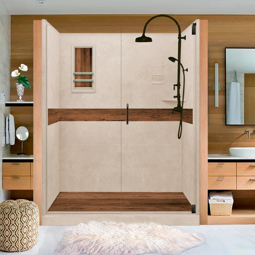 60" Alcove Brown Sugar Sistine Stone & Burnt Oak Wood Accent Shower Remodel Kit