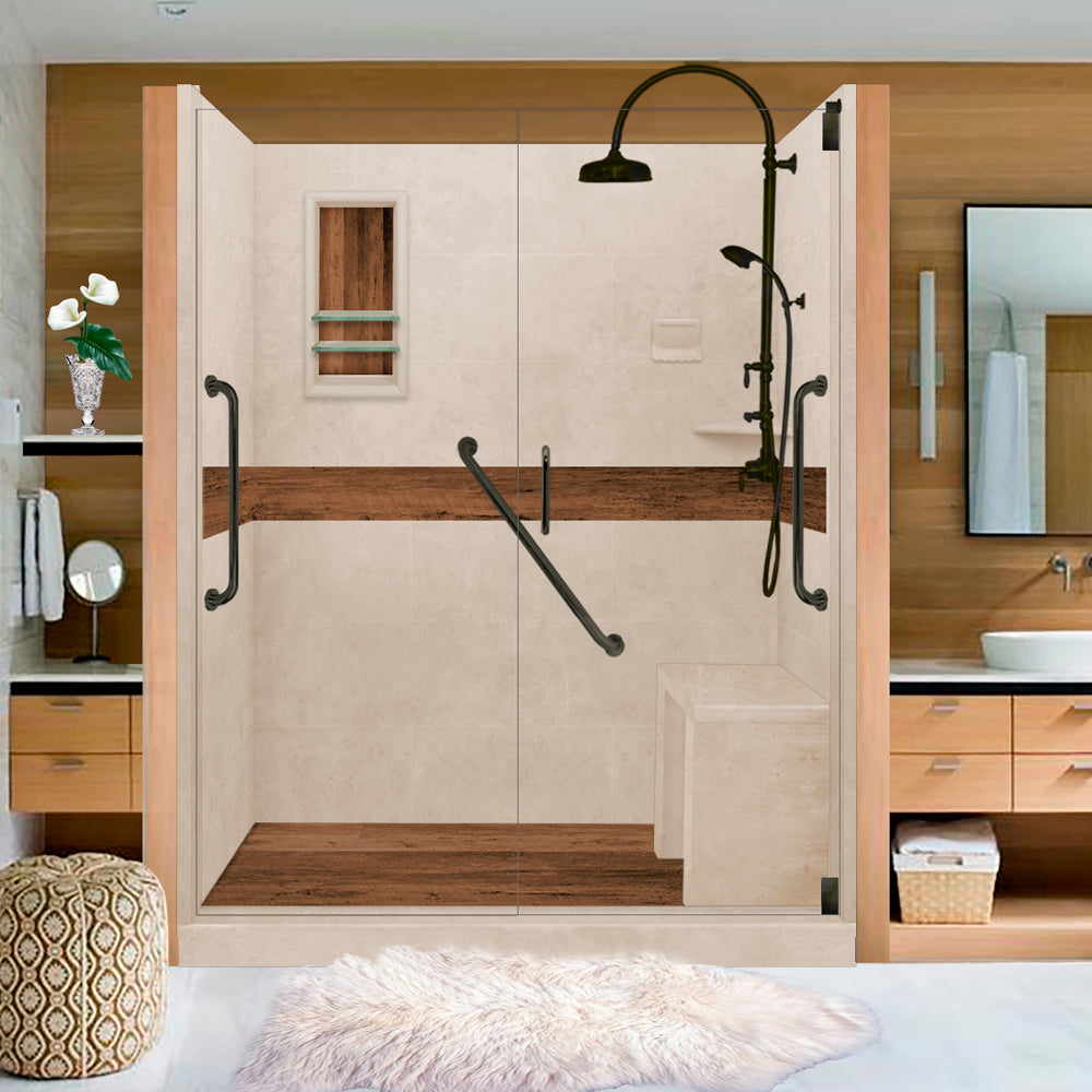 Freedom 60" Alcove Brown Sugar Sistine Stone & Burnt Oak Wood Accent Shower Remodel Kit
