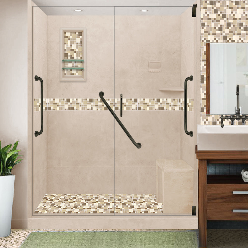 SPECIAL - Freedom 60" Alcove Brown Sugar Sistine Stone & Tuscany Mosaic Accent Shower Remodel Kit (FREE Shampoo Niche)