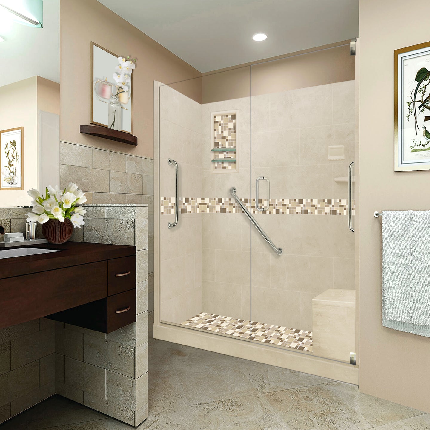 Limited Stock - Freedom 60" Alcove Desert Sand Sistine Stone & Tuscany Mosaic Accent Shower Remodel Kit (60X32 Right Drain)