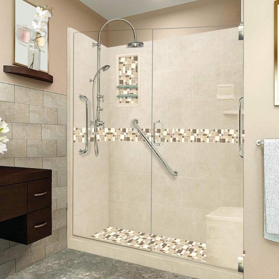Limited Stock - Freedom 60" Alcove Desert Sand Sistine Stone & Tuscany Mosaic Accent Shower Remodel Kit (60X32 Right Drain)