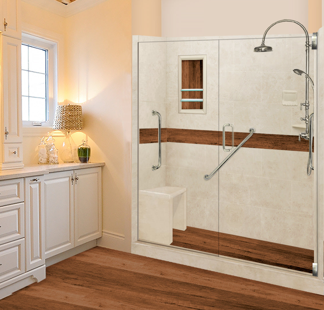 Freedom 60" Alcove Desert Sand Sistine Stone & Burnt Oak Wood Accent Shower Remodel Kit