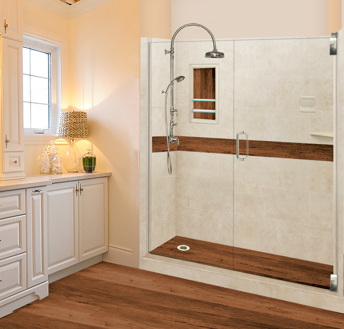 60" Alcove Desert Sand Sistine Stone & Burnt Oak Wood Accent Shower Remodel Kit