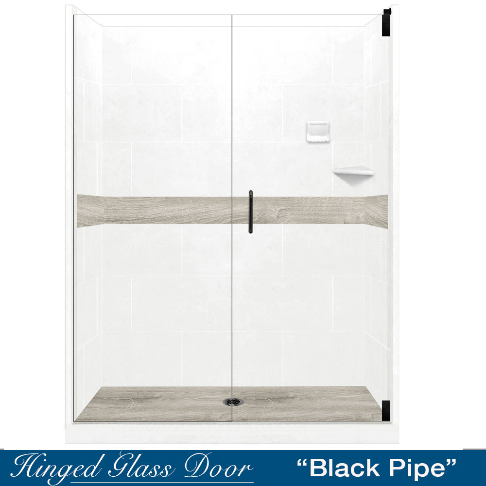 60" Alcove Natural Buff Sistine Stone & Sterling Oak Wood Accent Shower Remodel Kit