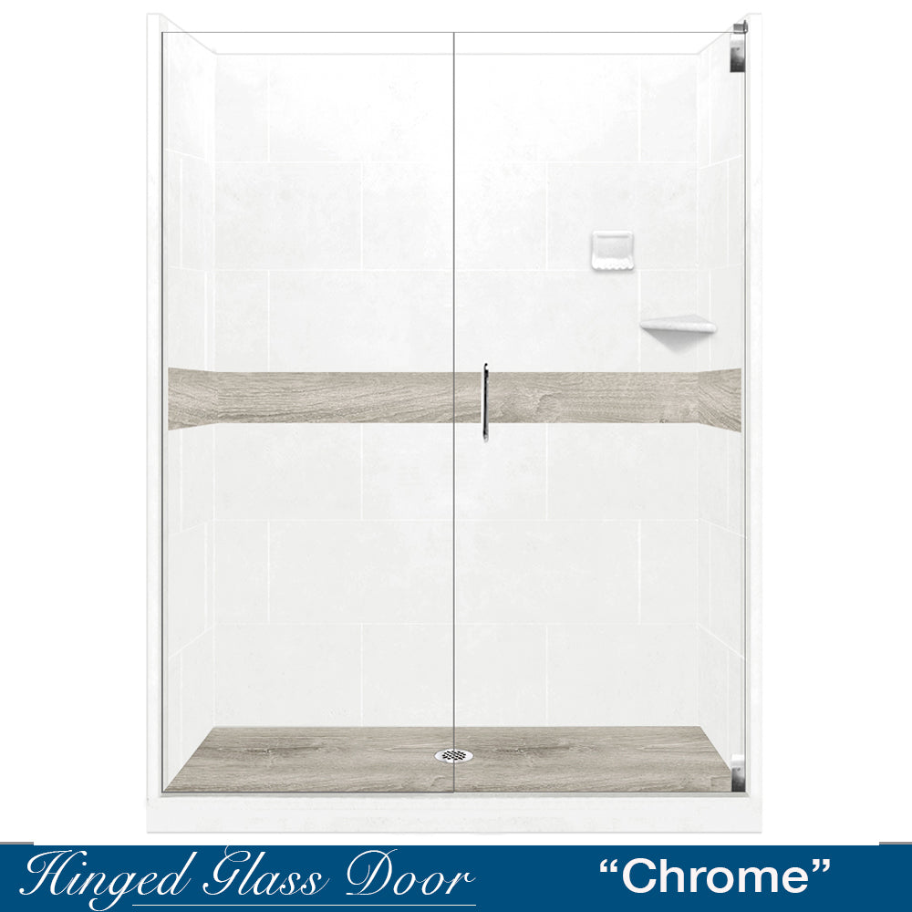 60" Alcove Natural Buff Sistine Stone & Sterling Oak Wood Accent Shower Remodel Kit