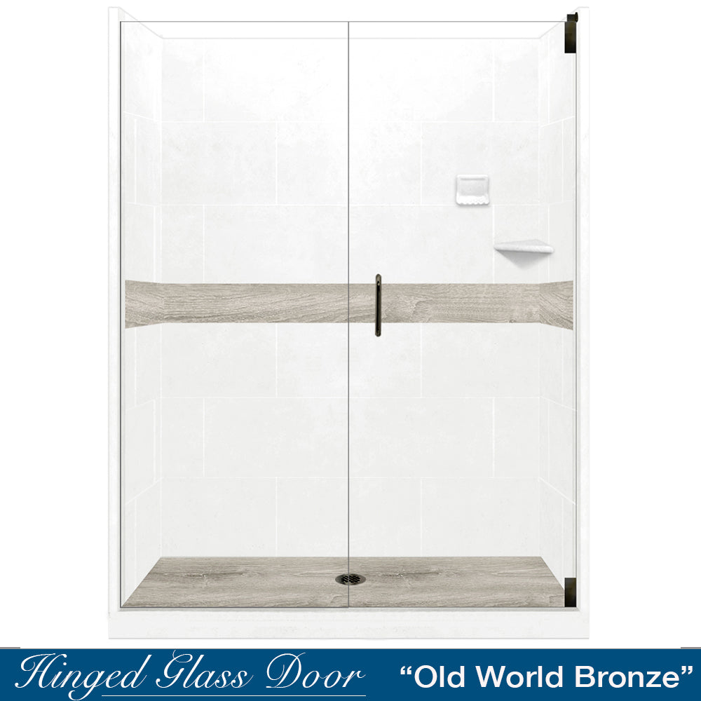 60" Alcove Natural Buff Sistine Stone & Sterling Oak Wood Accent Shower Remodel Kit