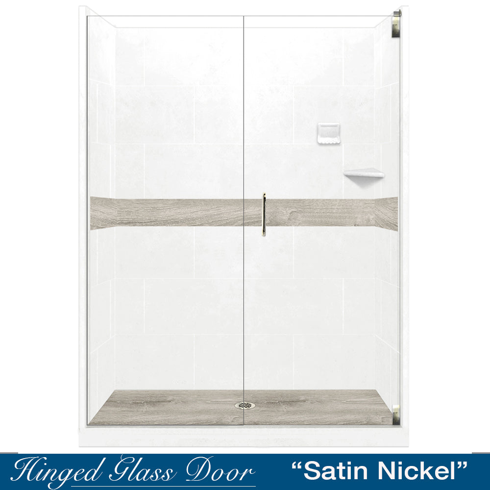 60" Alcove Natural Buff Sistine Stone & Sterling Oak Wood Accent Shower Remodel Kit