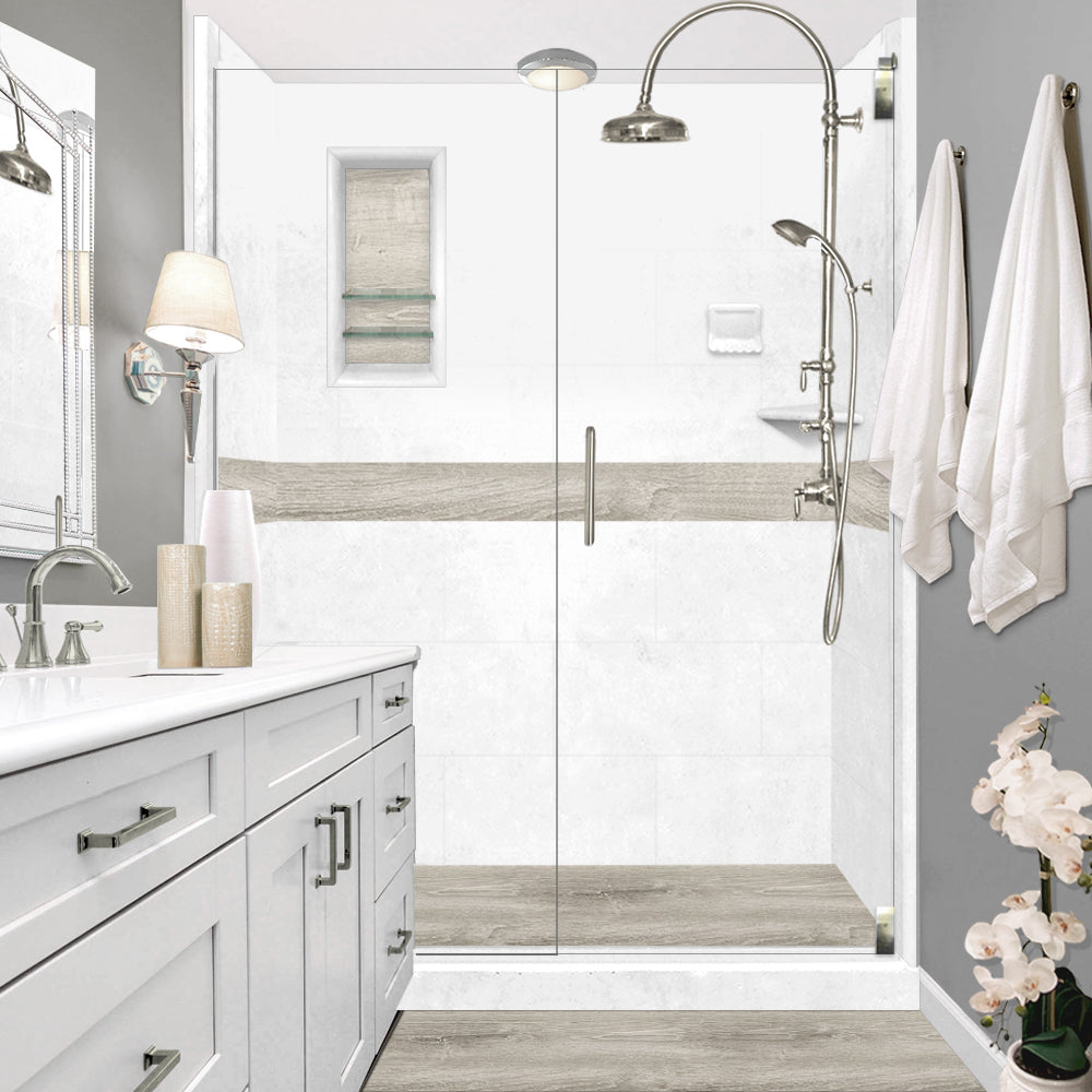 60" Alcove Natural Buff Sistine Stone & Sterling Oak Wood Accent Shower Remodel Kit