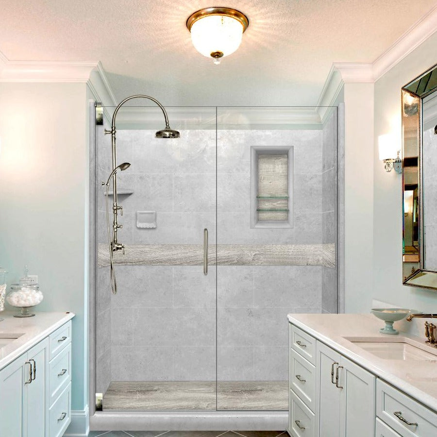 60" Alcove Wet Cement Sistine Stone & Sterling Oak Wood Accent Shower Remodel Kit