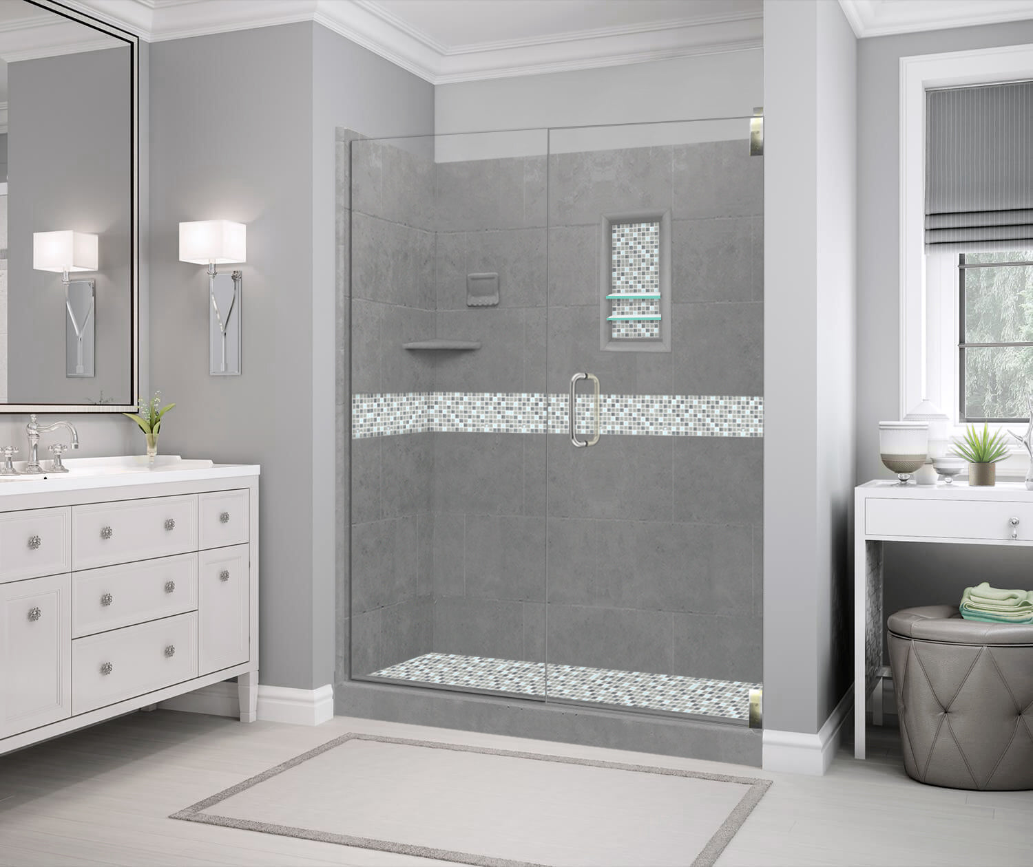 60" Alcove Wet Cement Sistine Stone & Del Mar Mosaic Accent Shower Remodel Kit