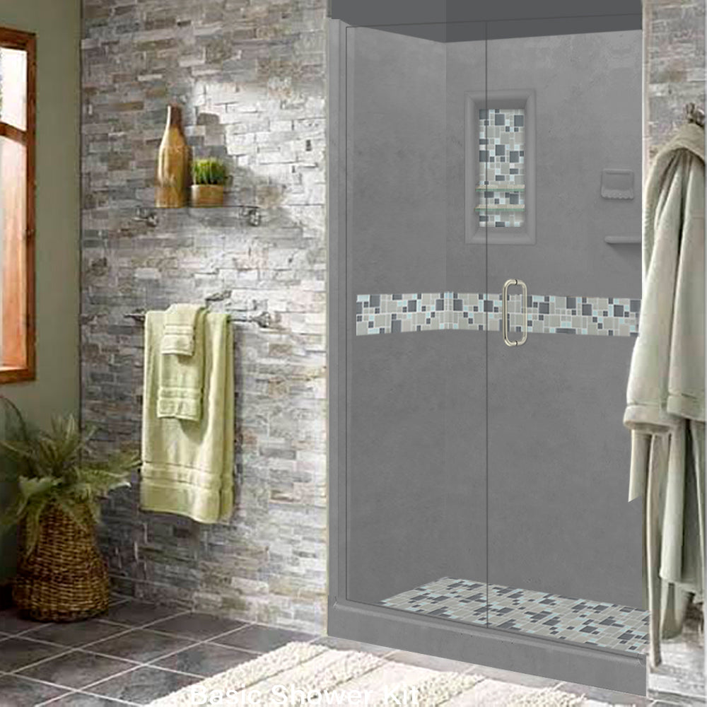 60" Alcove Wet Cement Sistine Stone & Newport Mosaic Accent Shower Remodel Kit