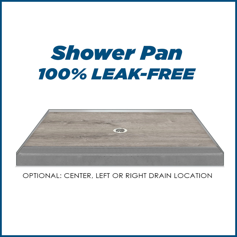 60" Alcove Natural Buff Sistine Stone & Sterling Oak Wood Accent Shower Remodel Kit