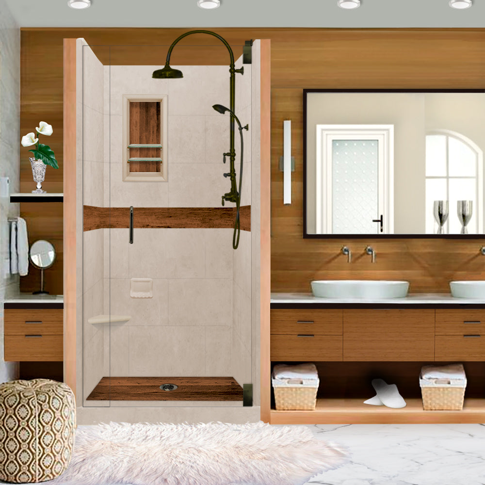 Alcove Brown Sugar Sistine Stone & Burnt Oak Wood Accent Shower Remodel Kit