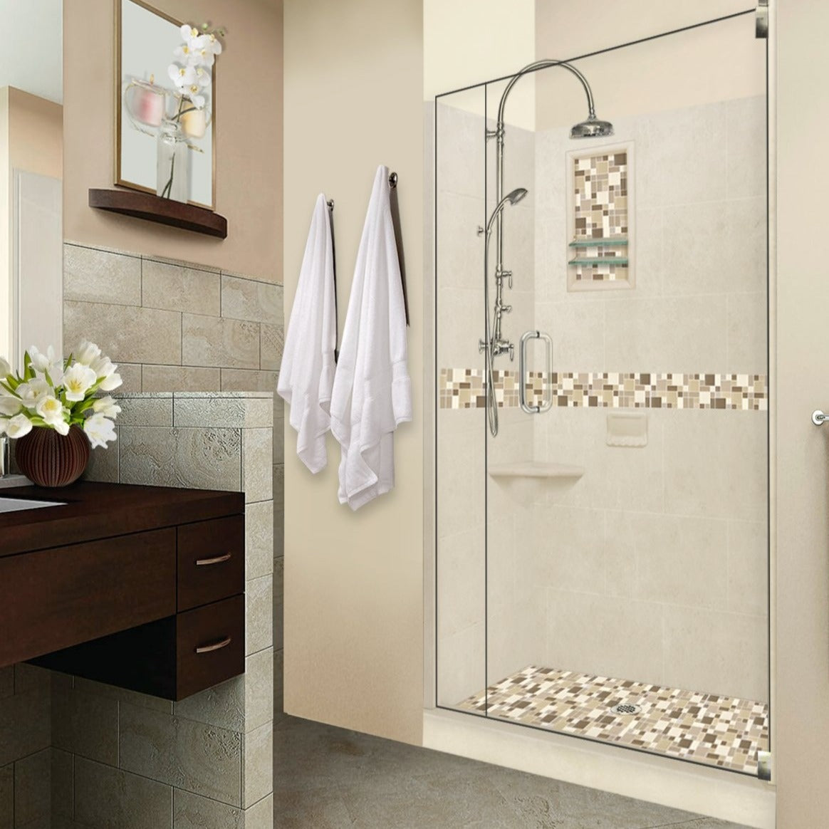Alcove Desert Sand Sistine Stone & Tuscany Mosaic Accent Shower Remodel Kit