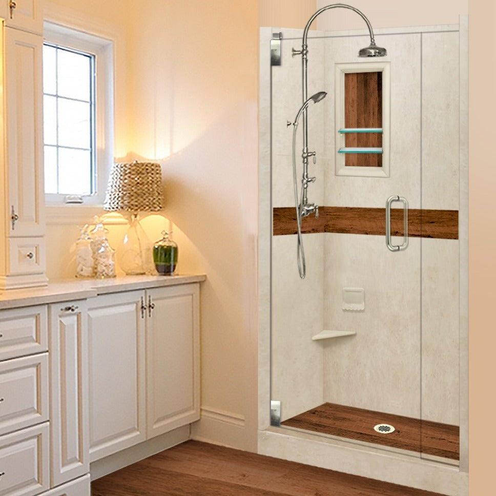 Alcove Desert Sand Sistine Stone & Burnt Oak Wood Accent Shower Remodel Kit