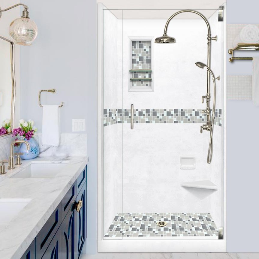 Alcove Natural Buff Sistine Stone & Newport Mosaic Accent Shower Remodel Kit