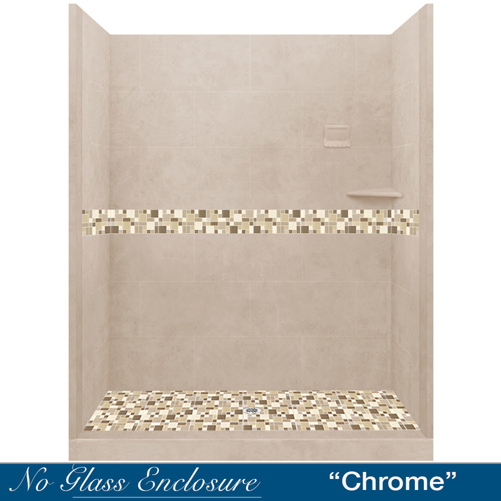 Special - 60" Alcove Brown Sugar Sistine Stone & Tuscany Mosaic Accent Shower Remodel Kit (FREE Shampoo Niche)