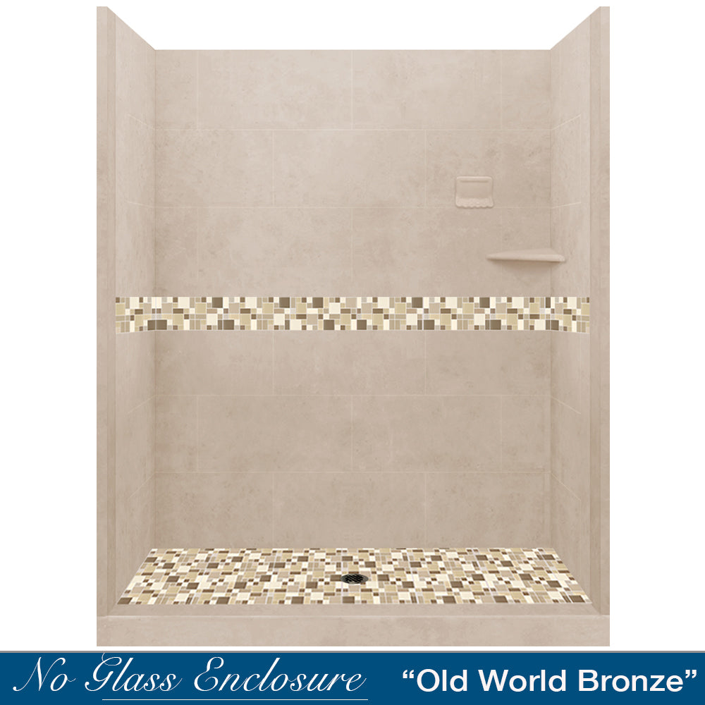 Special - 60" Alcove Brown Sugar Sistine Stone & Tuscany Mosaic Accent Shower Remodel Kit (FREE Shampoo Niche)