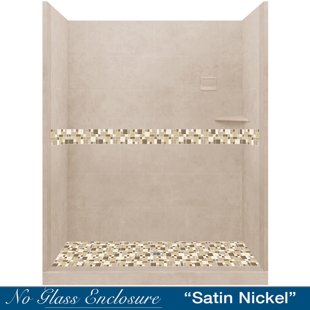 Special - 60" Alcove Brown Sugar Sistine Stone & Tuscany Mosaic Accent Shower Remodel Kit (FREE Shampoo Niche)