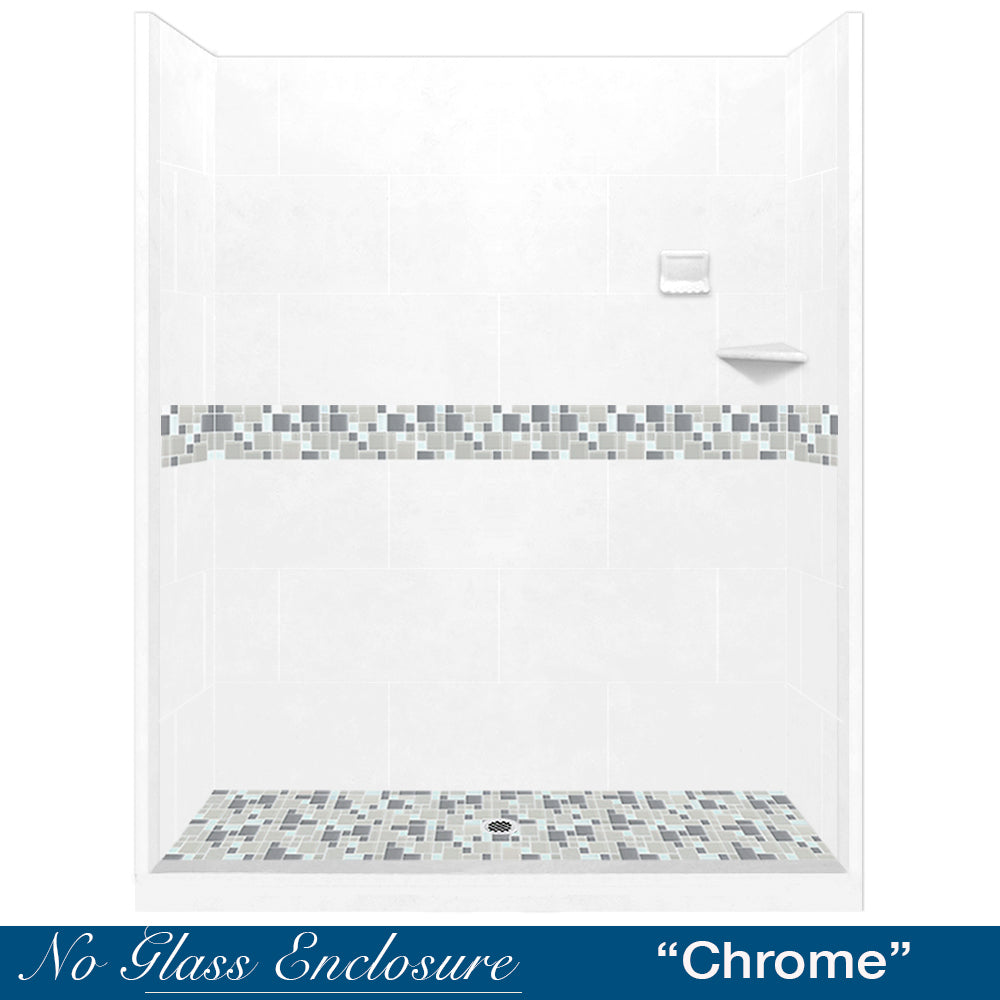 Special - 60" Alcove Natural Buff Sistine Stone & Newport Mosaic Accent Shower Remodel Kit (FREE Shampoo Niche)