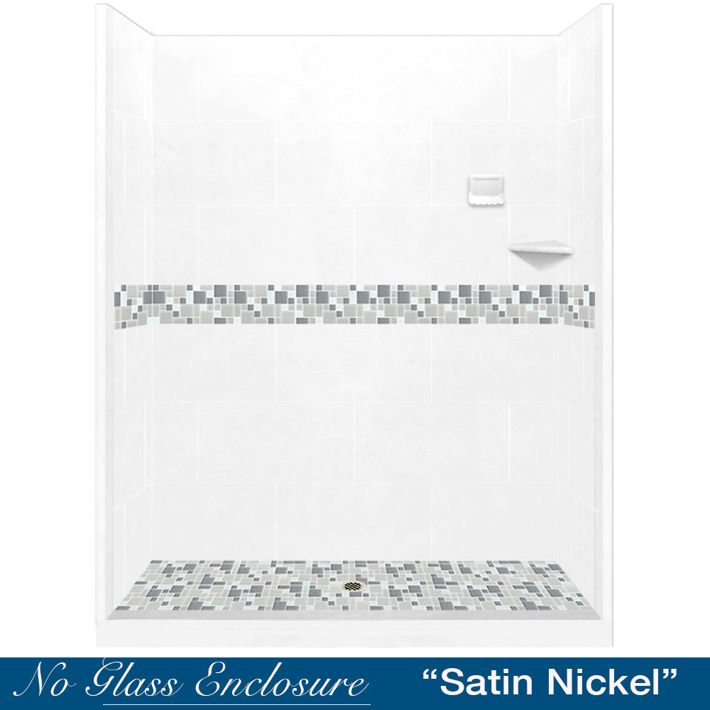 Special - 60" Alcove Natural Buff Sistine Stone & Newport Mosaic Accent Shower Remodel Kit (FREE Shampoo Niche)