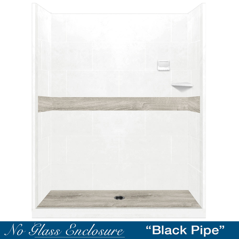 60" Alcove Natural Buff Sistine Stone & Sterling Oak Wood Accent Shower Remodel Kit