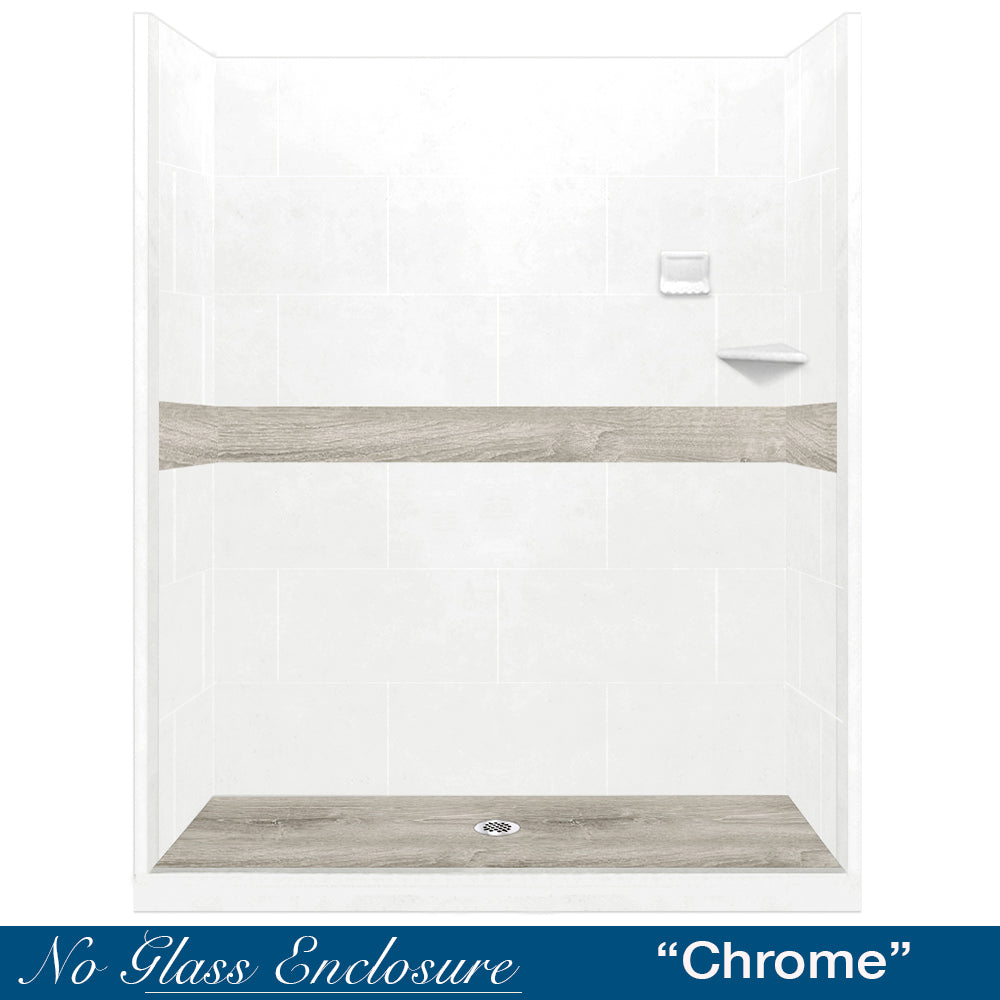 60" Alcove Natural Buff Sistine Stone & Sterling Oak Wood Accent Shower Remodel Kit