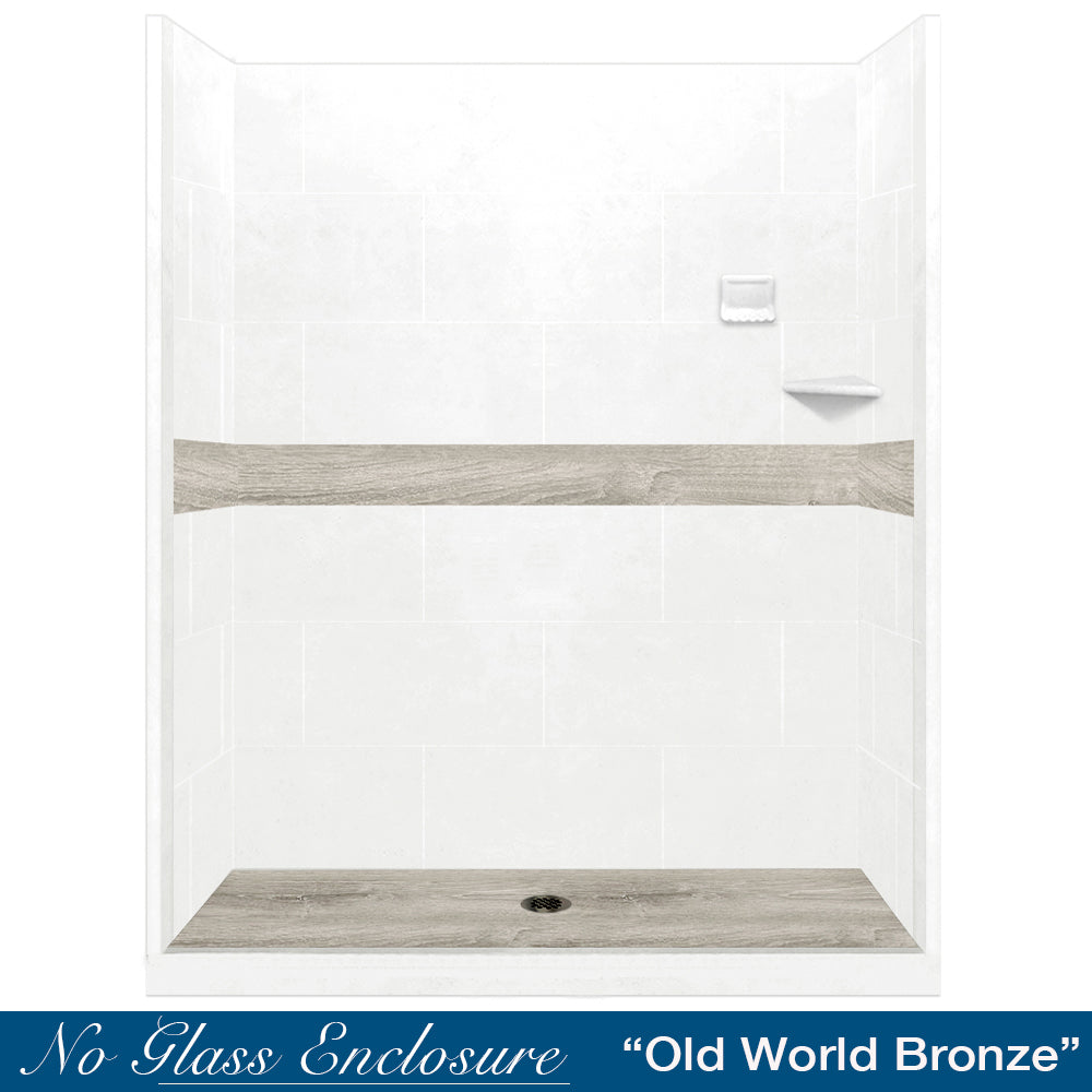 60" Alcove Natural Buff Sistine Stone & Sterling Oak Wood Accent Shower Remodel Kit