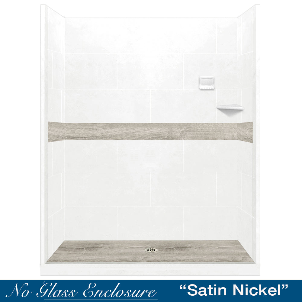 60" Alcove Natural Buff Sistine Stone & Sterling Oak Wood Accent Shower Remodel Kit