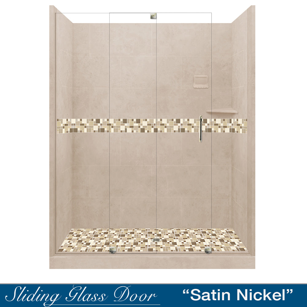 Tuscany Mosaic Brown Sugar 60" Alcove Shower Kit  testing shower - American Bath Factory