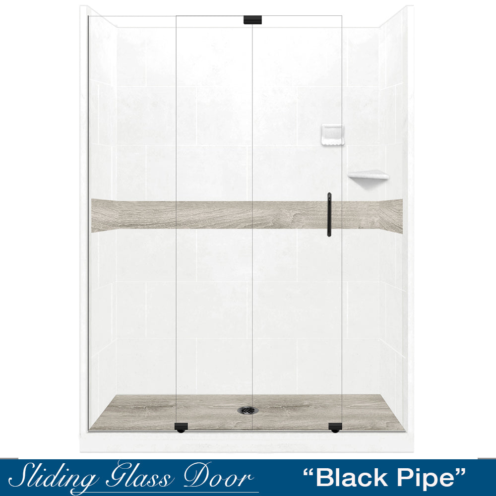 60" Alcove Natural Buff Sistine Stone & Sterling Oak Wood Accent Shower Remodel Kit