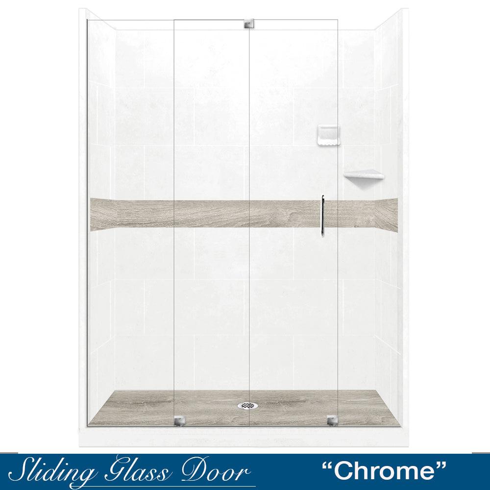 60" Alcove Natural Buff Sistine Stone & Sterling Oak Wood Accent Shower Remodel Kit