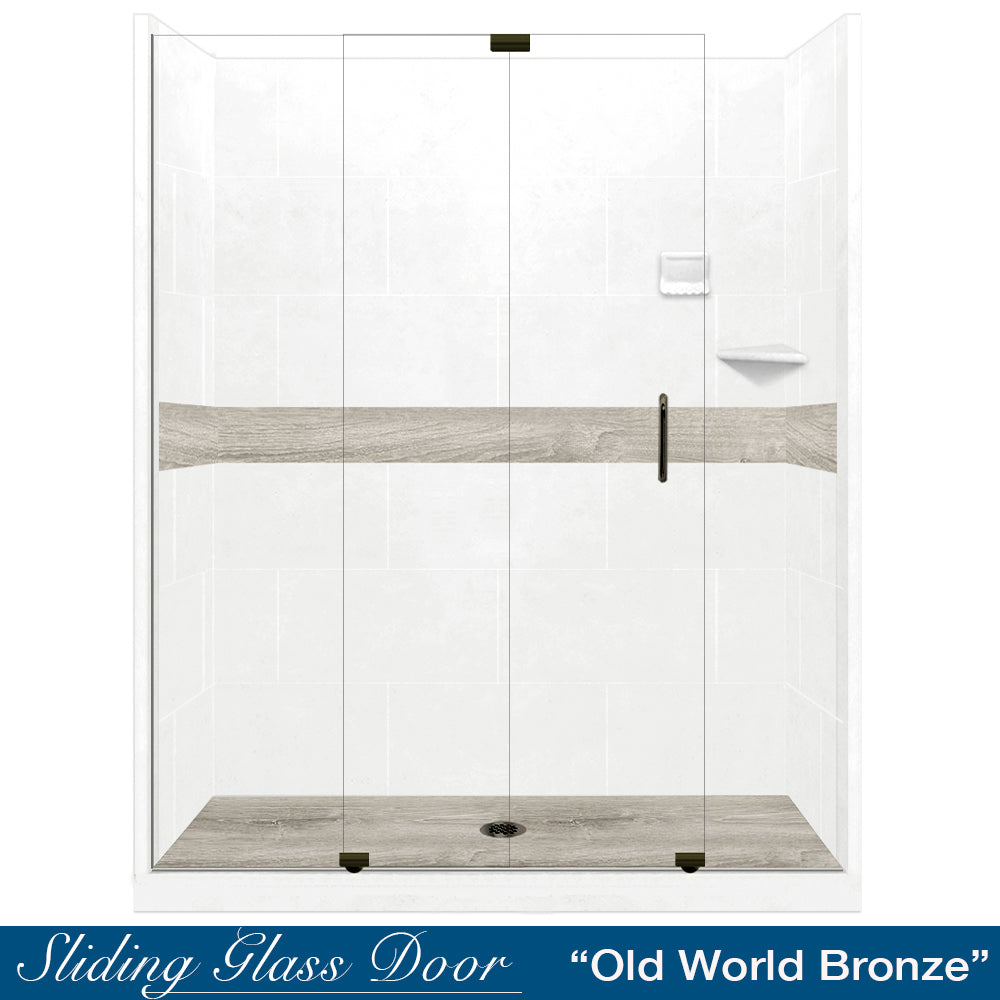 60" Alcove Natural Buff Sistine Stone & Sterling Oak Wood Accent Shower Remodel Kit