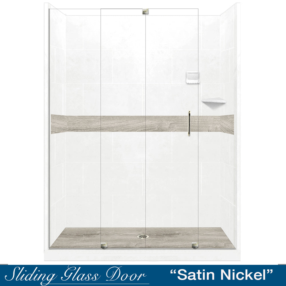 60" Alcove Natural Buff Sistine Stone & Sterling Oak Wood Accent Shower Remodel Kit