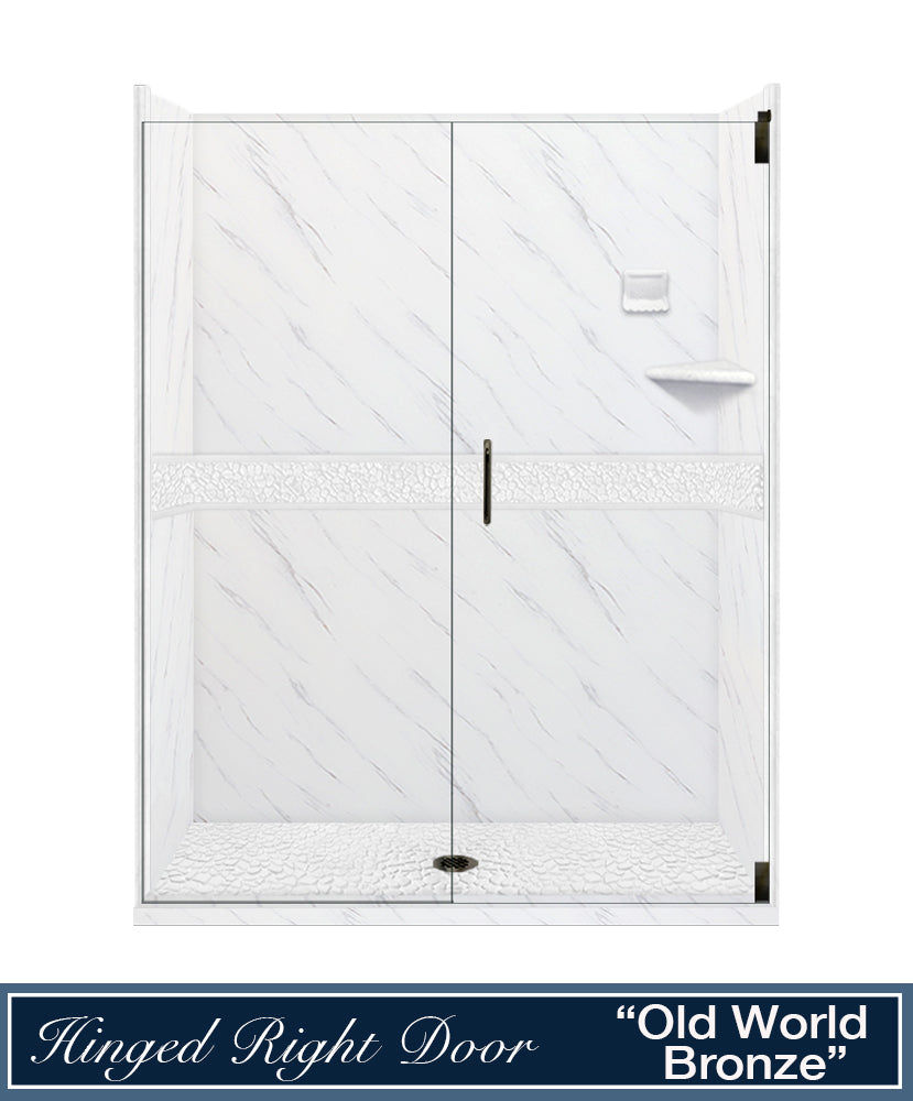 60" Alcove Carrara Medici Marble & pebble Stone Accent Shower Remodel Kit
