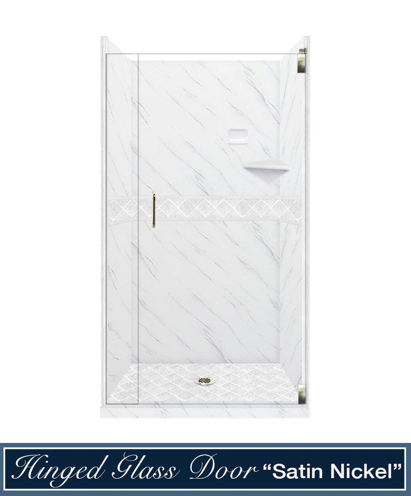 60" Alcove Carrara Medici Marble & Diamond Stone Accent Shower Remodel Kit