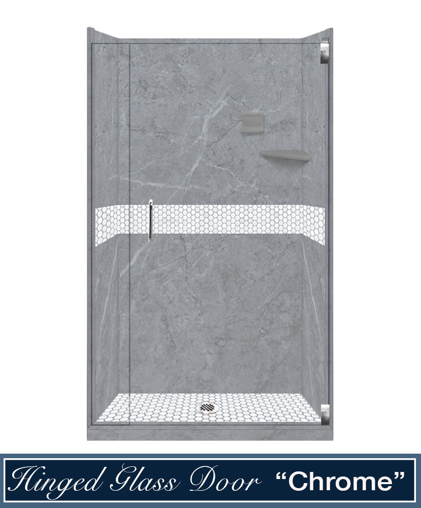 60" Alcove Grio Medici Marble & Pearl Hex Mosaic Accent Shower Remodel Kit
