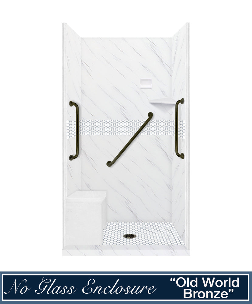 Freedom 60" Alcove Carrara Medici Marble & Pearl Hex Mosaic Accent Shower Remodel Kit