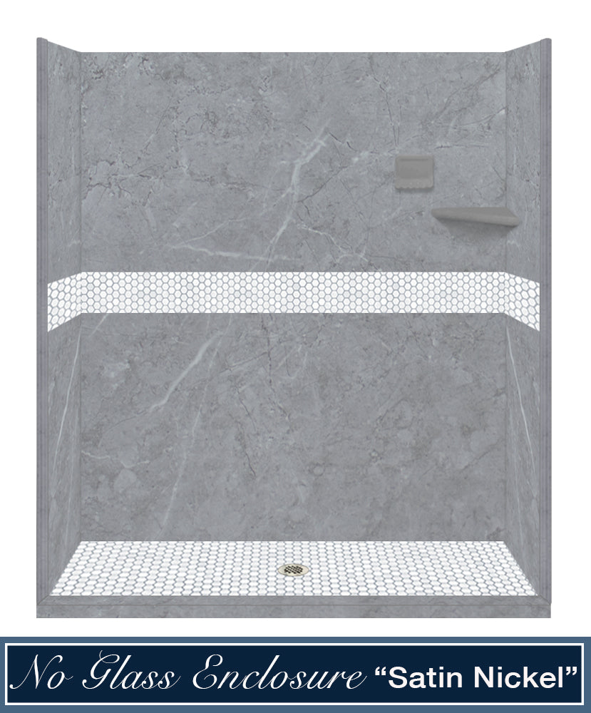 60" Alcove Grio Medici Marble & Pearl Hex Mosaic Accent Shower Remodel Kit