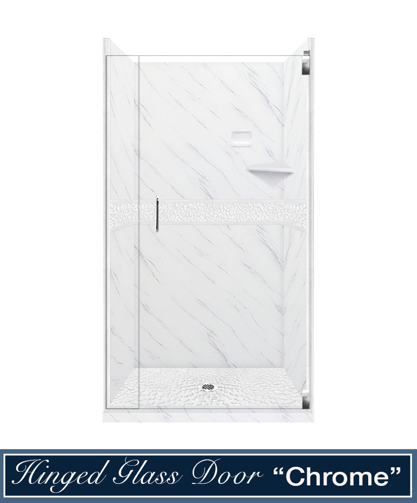 60" Alcove Carrara Medici Marble & pebble Stone Accent Shower Remodel Kit