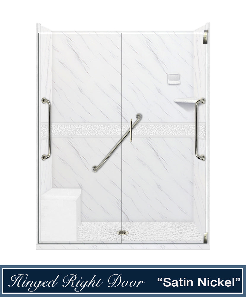 Freedom 60" Alcove Carrara Medici Marble & Pebble Stone Accent Shower Remodel Kit
